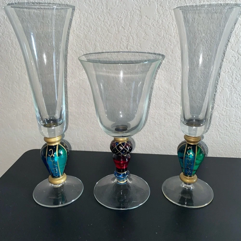 3 VTG Carnival Jeweled Dichroic Carnival MCM Champagne Flutes Multicolor Glasses